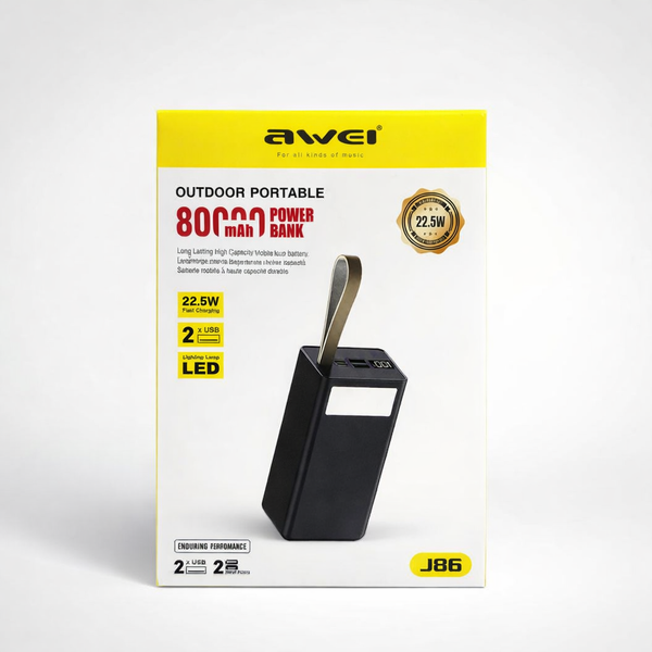 Повербанк Awei J86 80000 mAh 22.5W: Потужна зарядна станція зі швидкою зарядкою PD/QC та LED-ліхтарем J86-80 фото