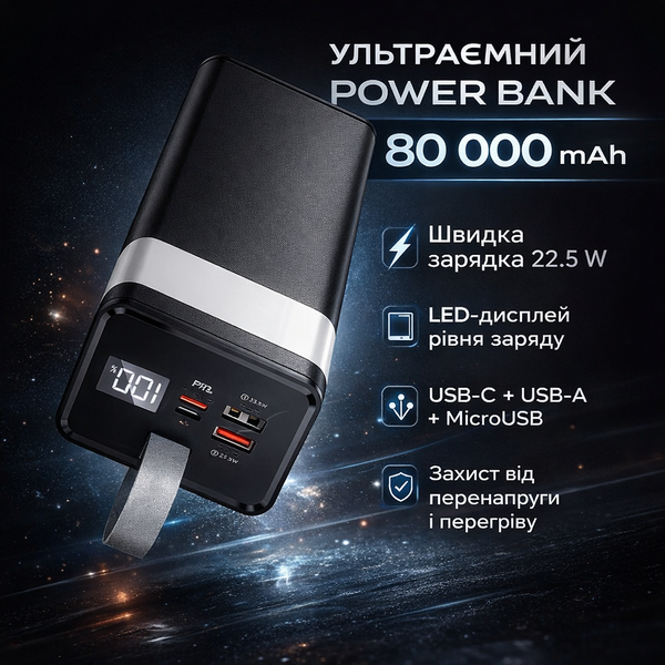 Повербанк Awei J86 80000 mAh 22.5W: Потужна зарядна станція зі швидкою зарядкою PD/QC та LED-ліхтарем J86-80 фото